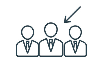 Professional recruitment concept with three business men and arrow selecting candidate, job search, career success, hiring process, employment opportunity, team selection