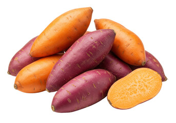 Isolated pile of fresh sweet potatoes with red and orange skin, some whole, some sliced