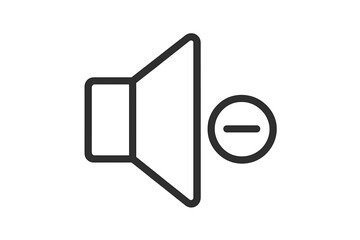 Volume decrease icon vector. Thin line speaker with minus sign for lower sound volume control. Audio mute symbol illustration. Transparent background graphic for sound adjustment, media, technology
