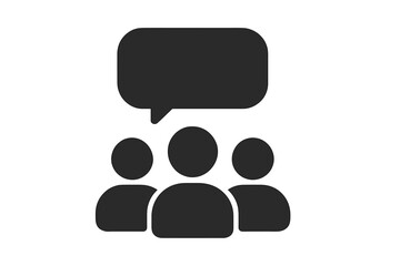 Vector flat glyph icon with three people and speech bubble, teamwork symbol, business meeting concept, group conversation and discussion illustration, communication icon