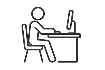 Minimalist thin line vector icon of a man sitting at a desk working on a computer, modern office concept, digital workspace, productivity, remote work, transparent background