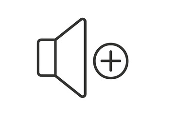 Volume increase icon, thin line speaker with plus sign, sound amplification, higher audio control, audio settings vector illustration, transparent background