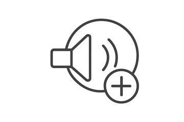 Volume Increase Icon, Thin Line Speaker with Plus Sign, Sound Amplify Vector Illustration, Audio Volume Control Symbol, Transparent Background Graphic
