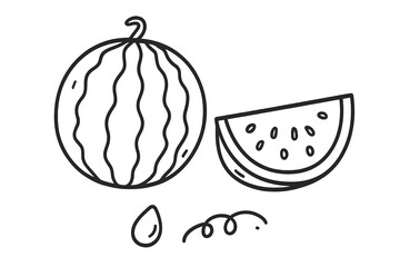 Watermelon Outline Vector Illustration, Hand-Drawn Doodle Sketch with Slice, Seeds, and Vine, Transparent Background, Fresh Fruit Graphic for Summer, Food, and Natural Concepts