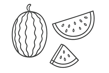 Watermelon outline vector illustration. Hand-drawn doodle sketch of whole watermelon and slices with seeds. Black and white fruit drawing, fresh summer food concept, transparent background