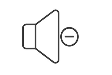 Volume decrease icon vector. Thin line speaker with minus sign symbolizing sound volume reduction, mute control, audio settings interface, transparent background illustration.