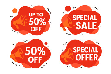 Set of modern abstract vector banners for sales promotion. Up to 50% off special offer and discount text. Red graphic design elements for advertising with megaphone icons.