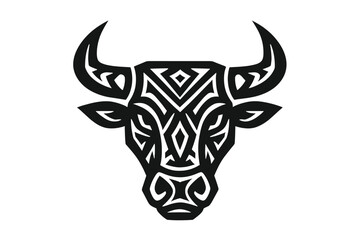 Tribal bull head vector icon for logo design. Abstract geometric animal silhouette for tattoo. Symbol of power, strength, finance market, and the Taurus zodiac sign.