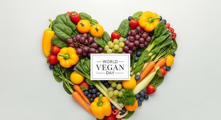 Vibrant vegan heart made of fresh fruits and vegetables for World Vegan Day celebration