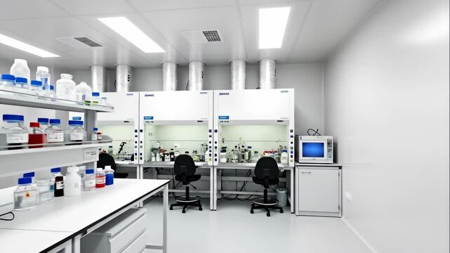 Empty chemical research laboratory with various equipment arranged on benches and inside fume hoods for scientific experiments, footage. Cloud dancer color of year 2026