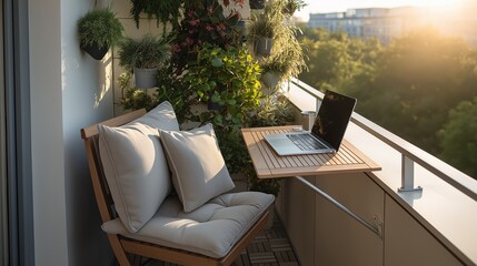 Minimalist balcony workspace with laptop on foldable table, cushion chair and vertical garden at sunset