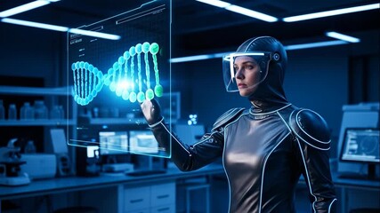 Woman interactive with virtual DNA structure in a futuristic scientific laboratory, genetics research animation - Powered by Adobe