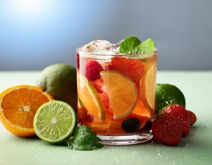 glass of drink with fruits