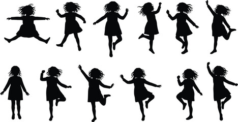 Girl silhouette, dancing pose, jumping motion, running child, energetic movement, black figure, white background, expressive gesture, active lifestyle, youth action