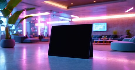 Fototapeta premium Modern interior features laptop, vibrant neon lights, comfortable seating, plants. Spacious room exudes futuristic ambiance.