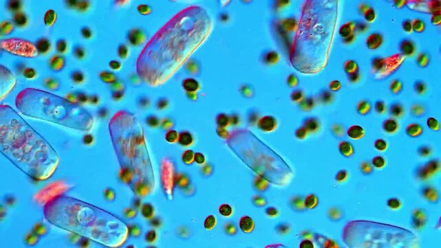 Microscope view of freshwater protozoa and algae, pond water sample 