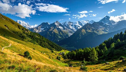 Fototapeta premium Panoramic View of Mountain Range with Green Valley and Snow Capped Peaks Under a Bright Blue Sky with White Clouds on Sunny Day
