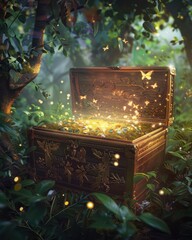 Enchanted Forest Treasure Chest with Magical Jewels - Fairytale Stock Photo