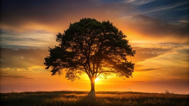 Dark silhouette of a tree standing alone in a serene forest at sunset