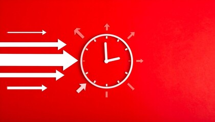 White clock surrounded by white arrows on a red background