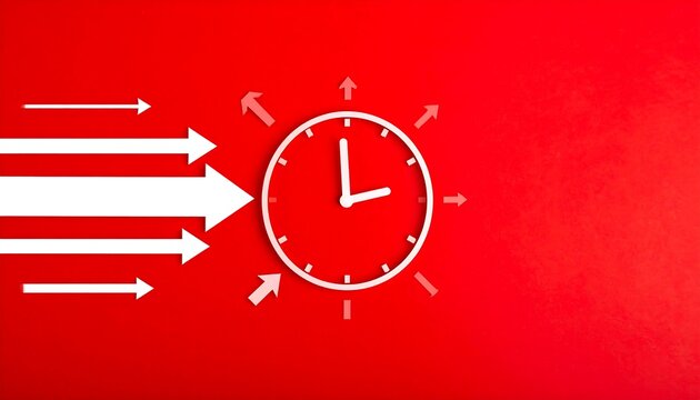 White clock surrounded by white arrows on a red background