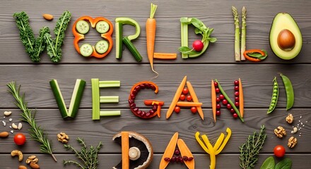 World Vegan Day celebration creatively spelled with fresh vegetables and fruits