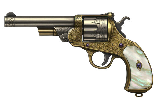 Isolated revolver firearm ornate, decorative weapon for self-defense with mother-of-pearl handle