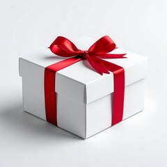 Obraz premium A classic white gift box beautifully wrapped with a vibrant red satin ribbon bow, isolated on a white background as a symbol of celebration and surprise