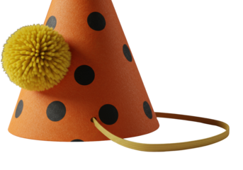 Extreme close-up of an orange party hat with black polka dots and a yellow pom-pom, isolated on a transparent background with chiaroscuro lighting, detailed textural study