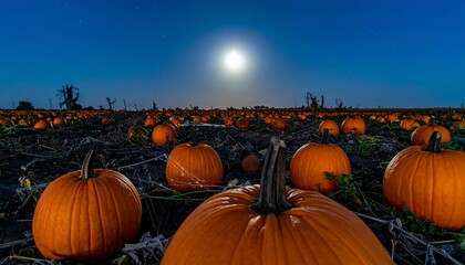 Moonlit pumpkin patch at night with numerous orange pumpkins ready for autumn harvest and Halloween