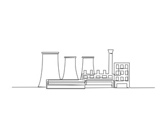 factory building, nuclear power plant  in single outline illustration. Continuous line art drawing of  industrial power plant. Editable stroke.