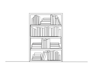 Library bookshelf furniture in single outline illustration. Continuous line art drawing of books rack library. Editable stroke.