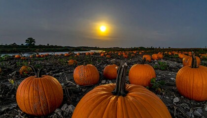 Vibrant Pumpkins in a Field under a Glowing Sunset or Full Moon Sky, Reflecting Autumn Harvest