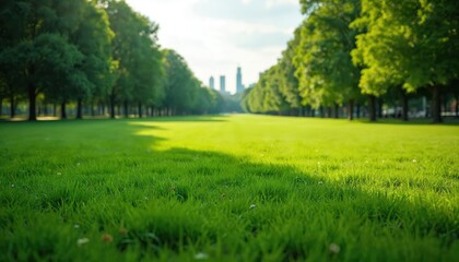 Obraz premium Expansive green grass field in urban park. Tall trees line long path leading to city skyscrapers in distance. Sun shines bright on rich lawn. Fresh nature landscape, ideal for outdoor leisure,
