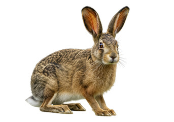 Isolated European hare, animal wildlife close-up with long ears looking at camera, natural lighting