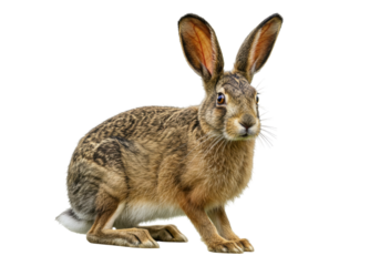Isolated European hare, animal wildlife close-up with long ears looking at camera, natural lighting