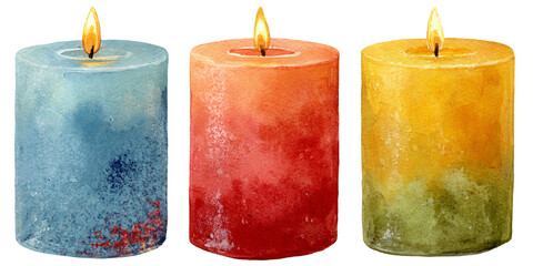 Clipart of three isolated watercolor candles, PNG transparent