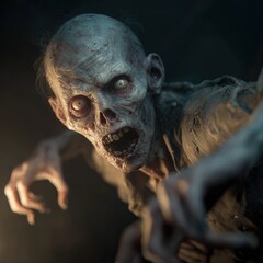 Happy halloween  terrifying zombie reaches out with an anguished expression, showcasing intricate details and eerie lighting, Perfect for horror-themed projects, films