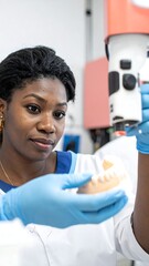 Woman in lab coat examining a model