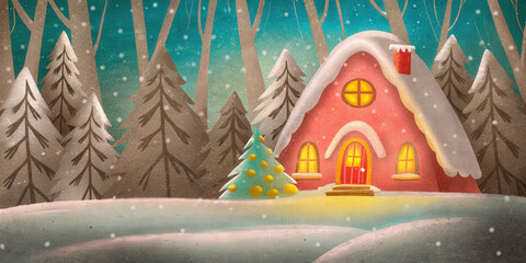 Christmas holiday lifestyle cozy winter house with snow covered roof and decorated tree in snowy forest at night