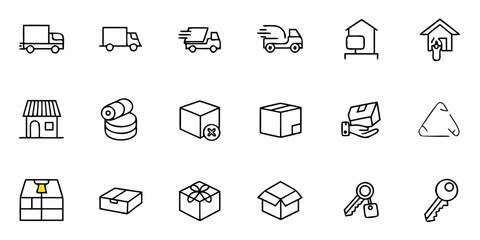 Fototapeta premium Dynamic delivery icons showcase trucks, packages, and home services for modern logistics and e-commerce businesses seeking efficient shipping solutions