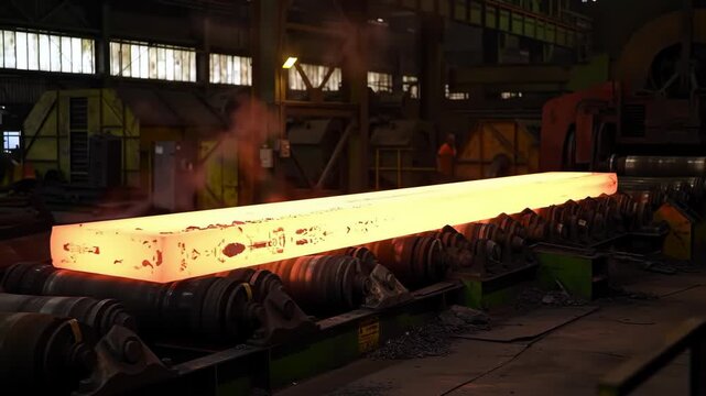 Hot metal bar on rollers in a steel mill with visible heat and smoke.