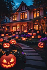 Halloween decorated house with carved pumpkins and glowing lights at twilight