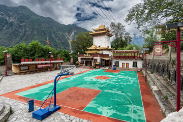 basketball court in Zhonglu Buddhist Temple, Zhongluxian tibetan village, Danba county, Garzê Tibetan Autonomous Prefecture, Sichuan,  China