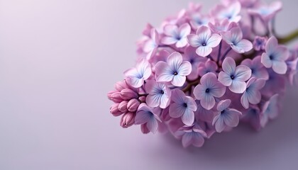 Obraz premium Soft purple lilac flowers bloom closeup against a pale gradient background. Delicate petals and buds show subtle blue centers. Spring floral detail.