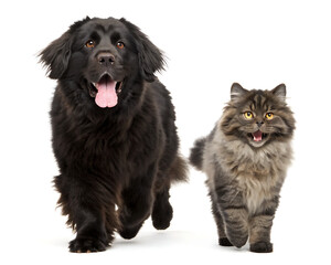 Fototapeta premium A newfoundland dog and a fluffy tabby cat walking together on a white background looking at the camera