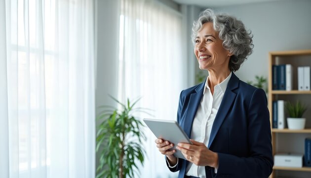 Smiling mature businesswoman holds tablet computer in office. Older lady wears suit, looking away thoughtfully. Female executive plans future business strategy with tech.
