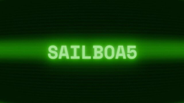 Old green CRT screen showing text SAILBOAT appearing in random glitch and coding style - Powered by Adobe
