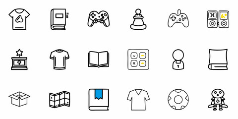 Diverse icons representing hobbies, gaming, achievements, and everyday items like books and apparel, perfect for modern digital content and presentations.
