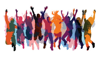 Cheerful People Silhouettes in Crowd: Happy Group of Diverse Individuals Celebrating Together